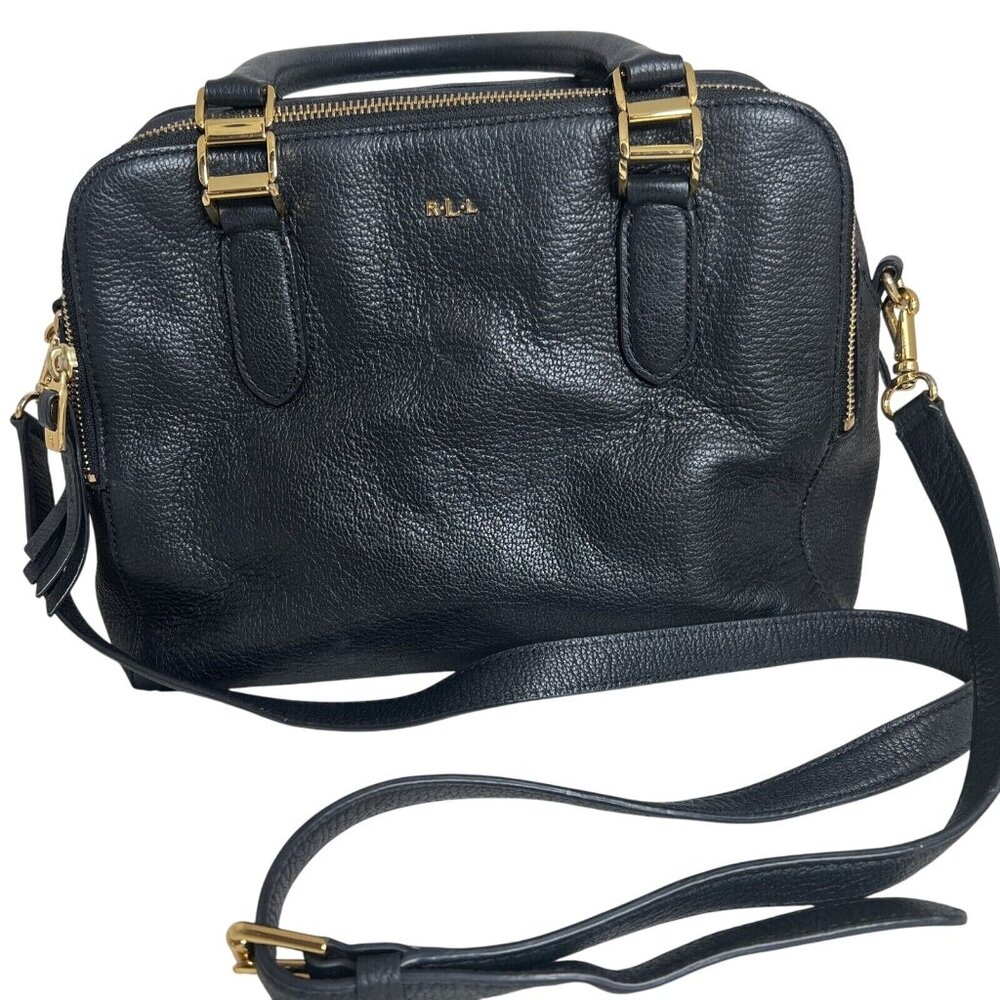 RLL Black Leather Satchel Bag With Gold Hardware & Detachable Strap